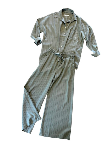 Linen Stripe Wide Leg Pants in army by Haris Cotton