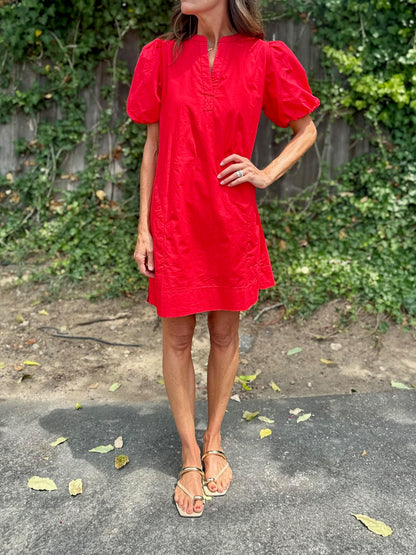 Shirred Sleeve Split Neck Dress in scarlet by Lilla P
