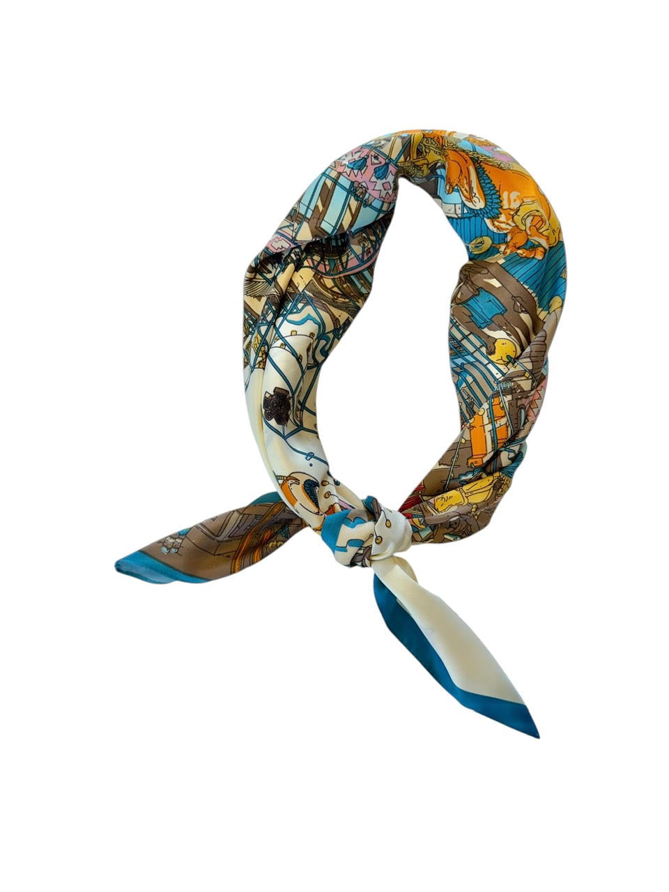 Train Print Silky Twill Scarf in ivory