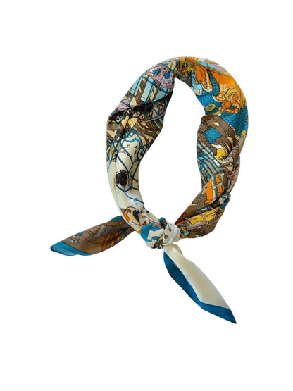 Train Print Silky Twill Scarf in ivory