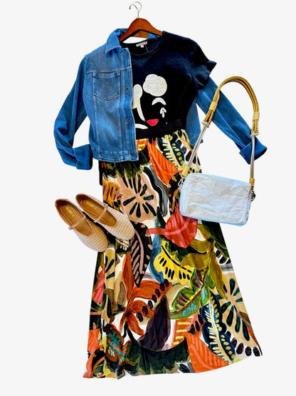 Abstract Printed Midi Skirt in marron by Aldo Martins