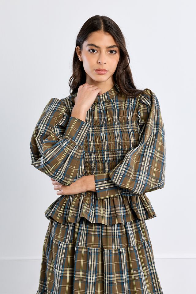 Long Sleeve Plaid Shirt in khaki by Molly Bracken