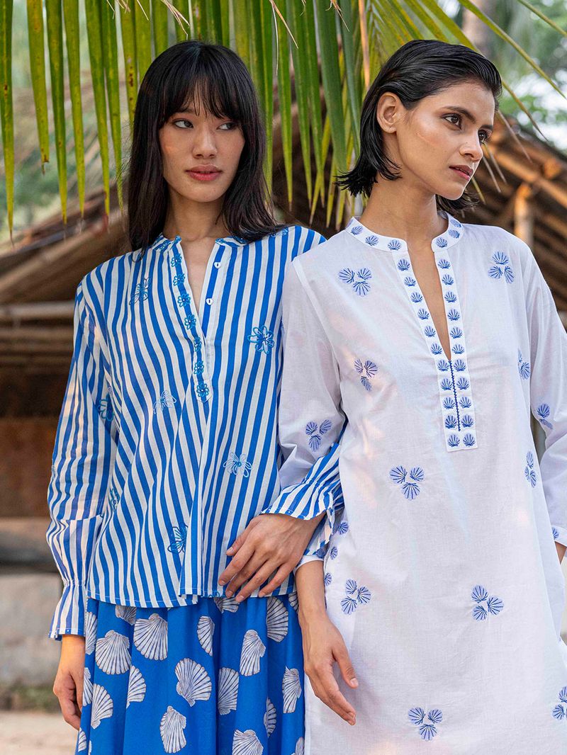 Broom Stripe Blouse with Flower Embroidery in blue by Nimo