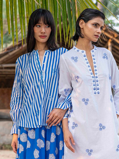 Broom Stripe Blouse with Flower Embroidery in blue by Nimo