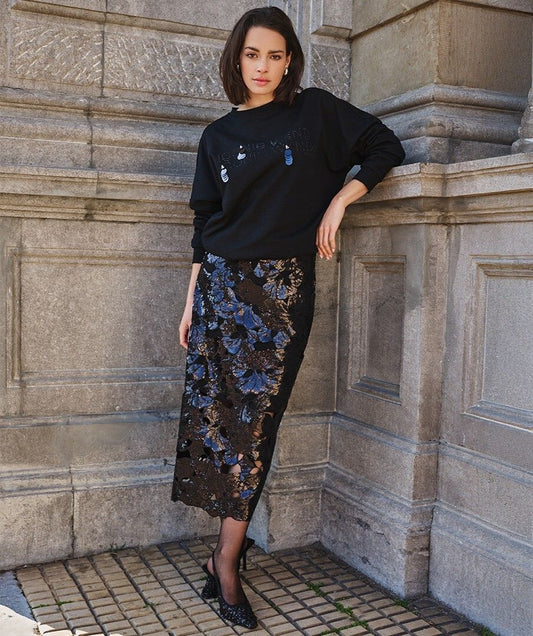 Floral Sequin Skirt in black by Esqualo