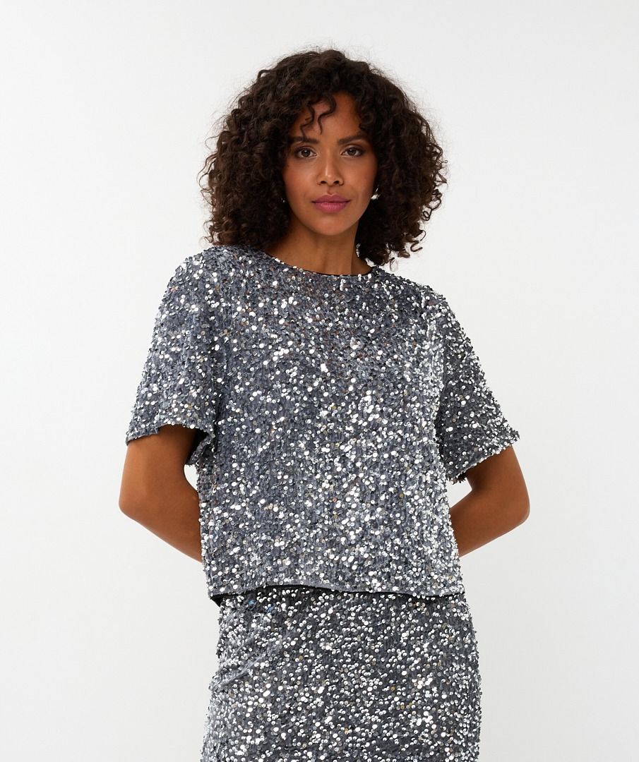 Sequin Short Sleeve Top in silver by Esqualo