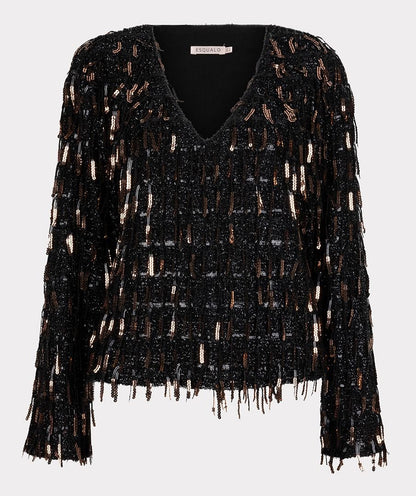 Sequin Fringe Top in black by Esqualo