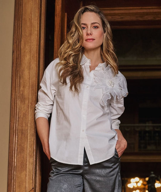 Big Flower Button Up Blouse in white by Esqualo