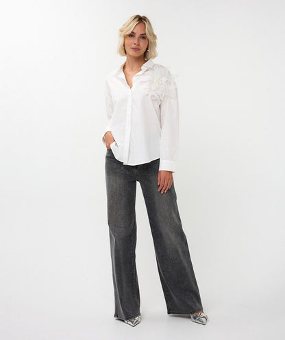 Big Flower Button Up Blouse in white by Esqualo