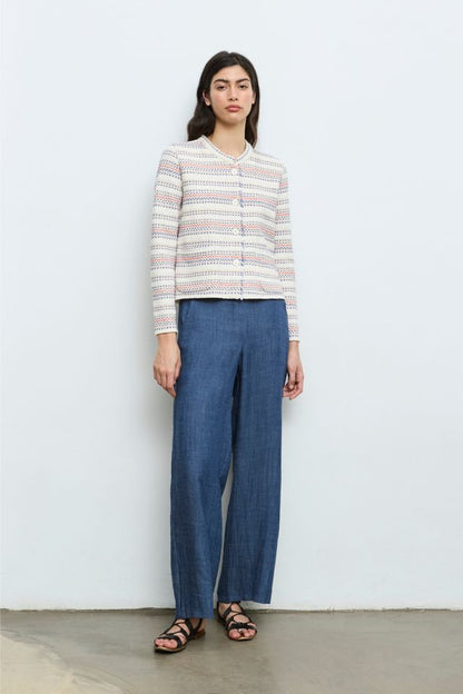 woven sweater jacket by aldo martins styled with jeans and sandals womens spring outfit