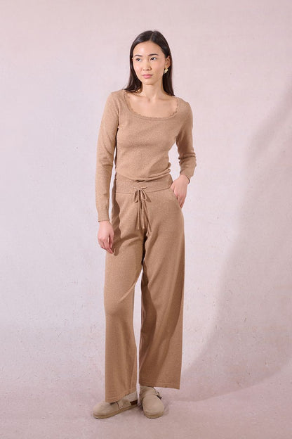 Wide Leg Knit Pant in golden beige by Molly Bracken